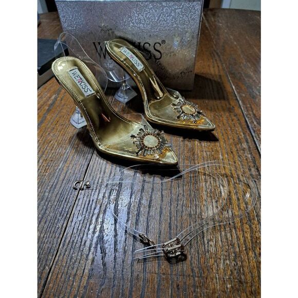 New Sz 7 Wet Kiss Clear High Heel Slingback Rhinestone Gold Sunflower Dress Shoe - Picture 7 of 12